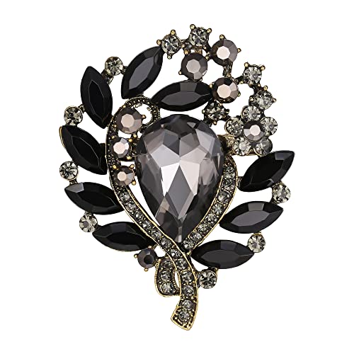 EVER FAITH Braut Runde Strass Brosche Pin, glänzend Tropfen Marquise Kristall Vintage Pin Schmuck Geschenk für Damen Schwarz Gold-Tone von EVER FAITH