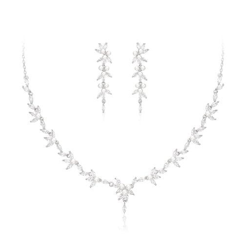 EVER FAITH Braut Schmuck Set für Braut Brautjungfer Marquise Cubic Zirkonia Faux Pearl Cluster Party Prom Halskette Dangle Ohrringe für Damen Silber-Ton von EVER FAITH