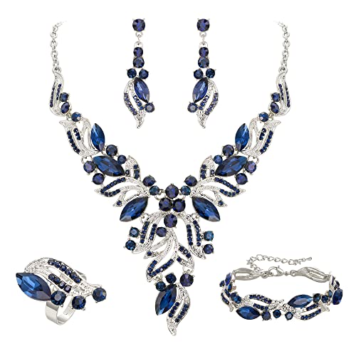 EVER FAITH Braut Schmuckset Hochzeit Kristall Marquise Blatt Cluster Statement Y-förmiger Anhänger Halskette Ohrringe Armband und Ring Set für Abschlussball Blau Silber-Tone EVER FAITH Braut Schmuckset Hochzeit Kristall Marquise Blatt Cluster Statement Y-förmiger Anhänger Halskette Ohrringe Armband und Ring Set für Abschlussball Blau Silber-Tone von EVER FAITH