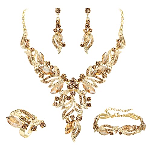 EVER FAITH Braut Schmuckset Hochzeit Kristall Marquise Blatt Cluster Statement Y-förmiger Anhänger Halskette Ohrringe Armband und Ring Set für Abschlussball Braun Gold-Tone von EVER FAITH