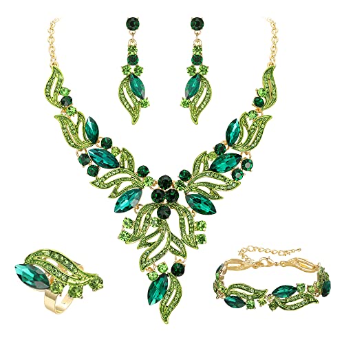 EVER FAITH Braut Schmuckset Hochzeit Kristall Marquise Blatt Cluster Statement Y-förmiger Anhänger Halskette Ohrringe Armband und Ring Set für Abschlussball Grün Schwarz-Tone von EVER FAITH