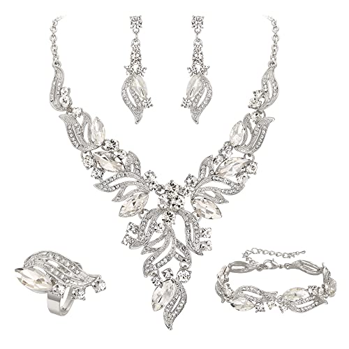 EVER FAITH Braut Schmuckset Hochzeit Kristall Marquise Blatt Cluster Statement Y-förmiger Anhänger Halskette Ohrringe Armband und Ring Set für Abschlussball Klar Silber-Ton von EVER FAITH