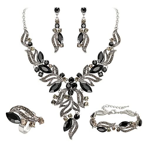 EVER FAITH Braut Schmuckset Hochzeit Kristall Marquise Schwarz Blatt Cluster Statement Y-förmiger Anhänger Halskette Ohrringe Armband und Ring Set für Abschlussball Silber-Tone von EVER FAITH
