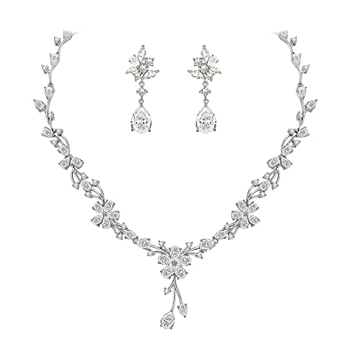 EVER FAITH Brautschmuck für die Braut weiße kubische Zirkonia Teardrop Cluster Blume Hochzeit Halskette Ohrringe Set für Damen Klar Silber-Ton von EVER FAITH