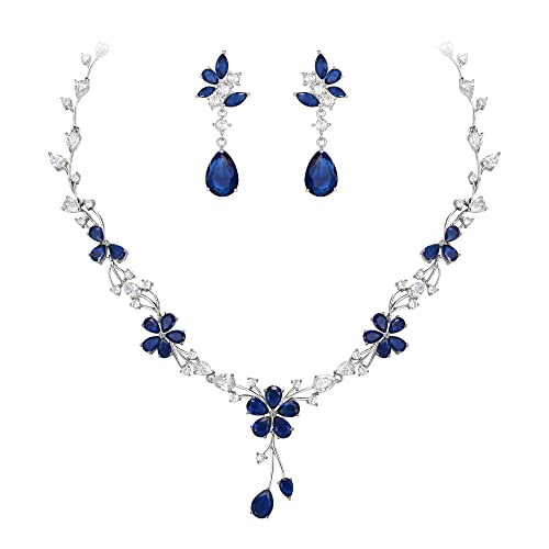 EVER FAITH Brautschmuck für die Braut weiße kubische Zirkonia Teardrop Cluster Blume Hochzeit Halskette Ohrringe Set für Damen Blau Silber-Tone von EVER FAITH