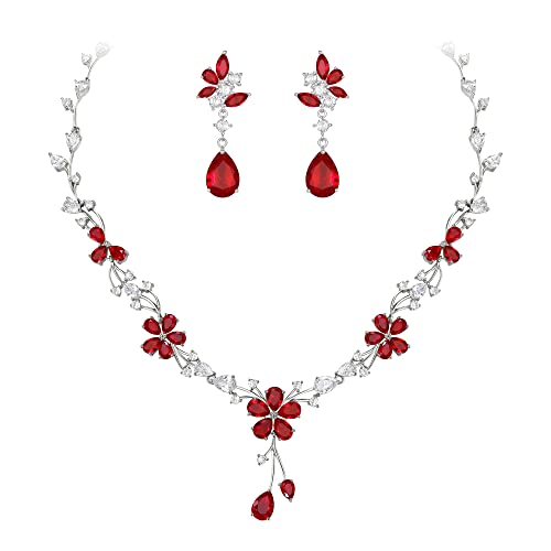 EVER FAITH Brautschmuck für die Braut weiße kubische Zirkonia Teardrop Cluster Blume Hochzeit Halskette Ohrringe Set für Damen Rot Silber-Tone von EVER FAITH