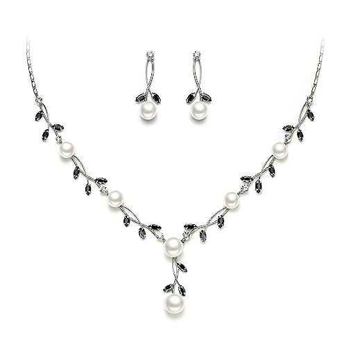 EVER FAITH CZ Kristall Elegant Blatt Vine Cream kuenstliche Perle Pendant Schmuckset Klar Schwarz Silber-Ton von EVER FAITH