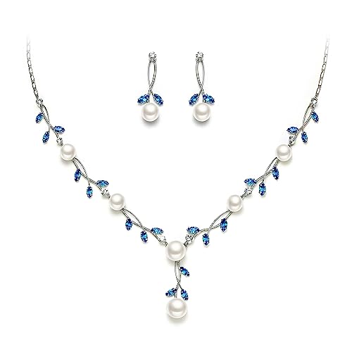 EVER FAITH CZ Kristall Elegant Blatt Vine Cream kuenstliche Perle PendantSchmuckset Klar Blau Silber-Ton von EVER FAITH