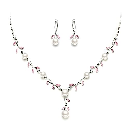 EVER FAITH CZ Kristall Elegant Blatt Vine Cream kuenstliche Perle PendantSchmuckset Klar Silber-Ton (Klar Rosa Silber-Ton) von EVER FAITH