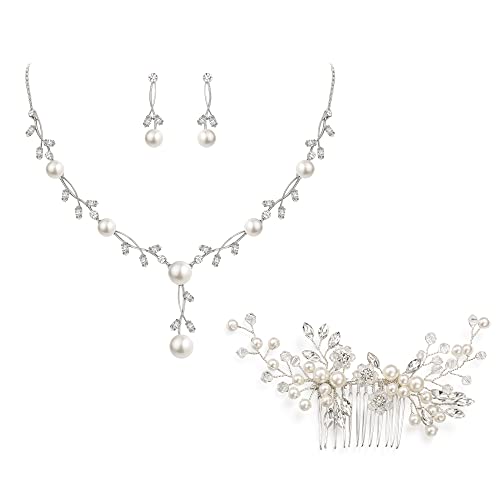 EVER FAITH CZ Kristall Elegant Blatt Vine Cream kuenstliche Perle PendantSchmuckset Klar Silber-Ton (Klar Silber-Ton mit Haarkamm) von EVER FAITH