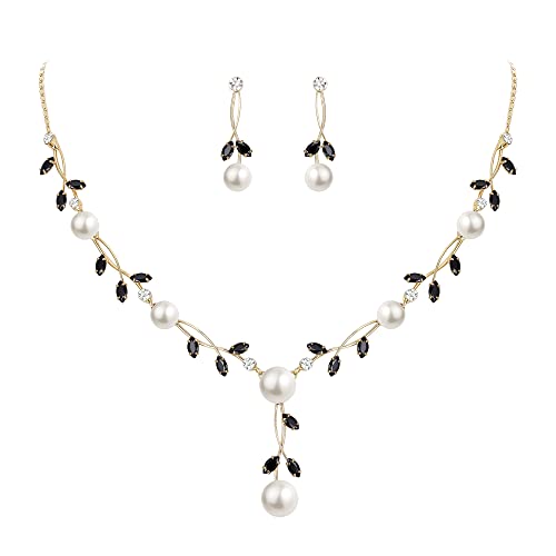 EVER FAITH CZ Kristall Elegant Blatt Vine Cream kuenstliche Perle PendantSchmuckset Schwarz Gold-Ton von EVER FAITH