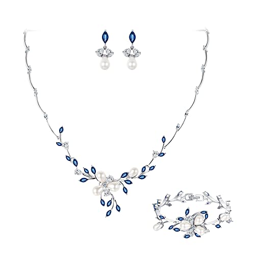 EVER FAITH CZ simulierte Perle Blume Blatt Filigrane Halskette Ohrringe Armband Set Blau Silber-Ton EVER FAITH CZ simulierte Perle Blume Blatt Filigrane Halskette Ohrringe Armband Set Blau Silber-Ton von EVER FAITH