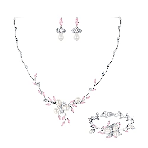 EVER FAITH CZ simulierte Perle Blume Blatt Filigrane Halskette Ohrringe Armband Set Rose Silber-Ton EVER FAITH CZ simulierte Perle Blume Blatt Filigrane Halskette Ohrringe Armband Set Rose Silber-Ton von EVER FAITH