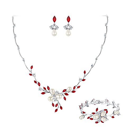 EVER FAITH CZ simulierte Perle Blume Blatt filigrane Halskette Ohrringe Armband Set Rot Silber-Ton von EVER FAITH