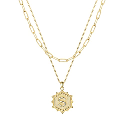 EVER FAITH Choker-Halskette mit geschichtetem Buchstabe-S-Anhänger einfache süße sechseckige 14-karätige vergoldete Brief-Büroklammer-Halskette für Mächen Damen von EVER FAITH