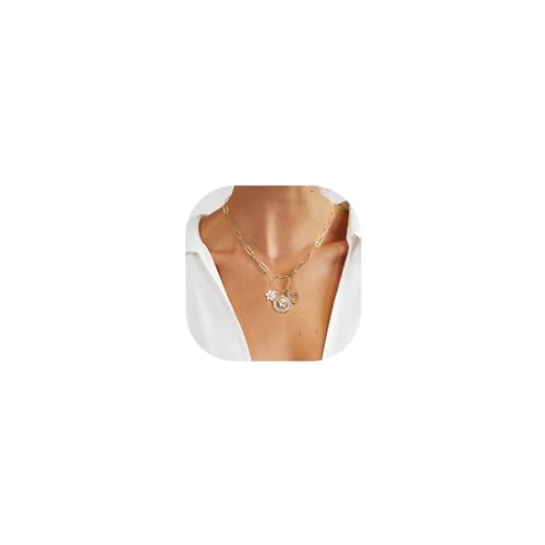 EVER FAITH Chunky Gold Halskette für Damen, Schmetterling Blume Herz Charme Choker Halsketten 18K Gold plattiert Anhänger Büroklammer Kette Mode Schmuck Hypoallergenic von EVER FAITH
