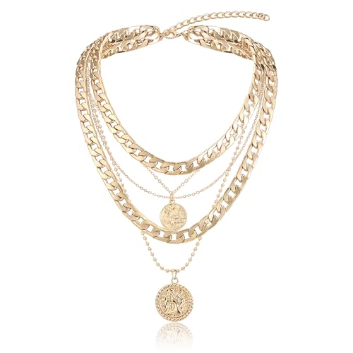 EVER FAITH Chunky Gold Layered Halskette für Damen, Trendy Retro Münze Anhänger Punk 80s Hip Hop Multilayer Cuban Statement von EVER FAITH