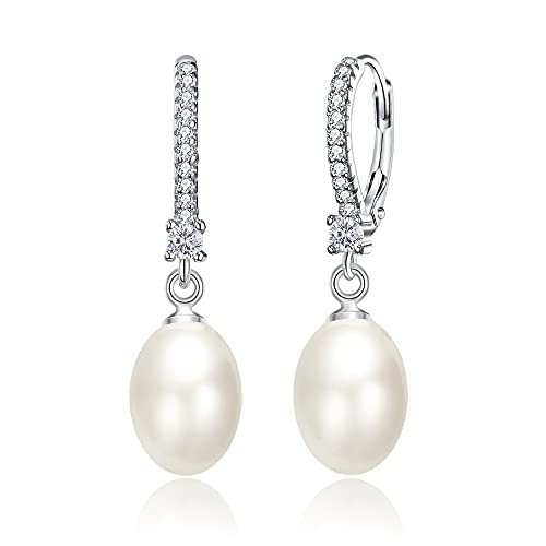 EVER FAITH Creme Perle Ohrringe 925 Sterling Silber weiß Cubic Zirconia Oval Süßwasser kultiviert Perle Hochzeit Braut Leverback baumeln Ohrringe Schmuck für Damen von EVER FAITH