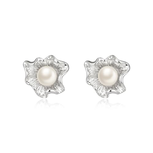 EVER FAITH Creme Süßwasser echte Perle Ohrstecker, elegante weiß Silber-Ton gehämmert Textur unregelmäßig Hochzeit Braut Blume Statement Ohrringe Mode minimalistischen Schmuck für Damen Mädchen von EVER FAITH