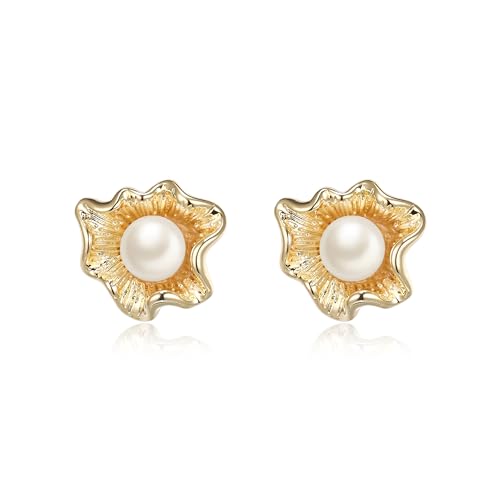 EVER FAITH Creme Süßwasser echte Perle Ohrstecker, elegante weiß vergoldet gehämmert Textur unregelmäßig Hochzeit Braut Blume Statement Ohrringe Mode minimalistischen Schmuck für Damen Mädchen von EVER FAITH