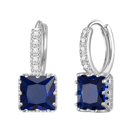 EVER FAITH Cubic Zirconia Creolen für Damen, elegante Casual winzige September Geburtsstein Zirkonia Square Cut Ohrringe für Mädchen Saphir Blau Silber-Ton von EVER FAITH