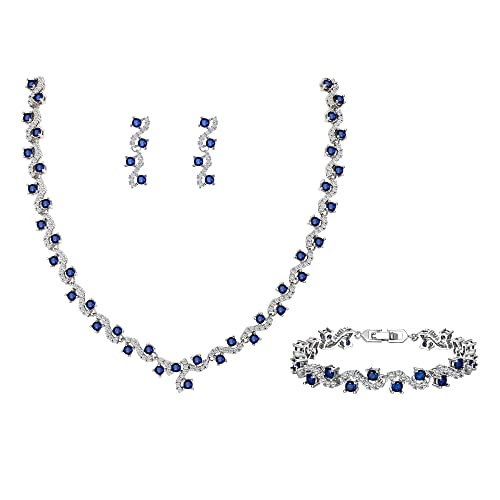 EVER FAITH Cubic Zirconia Hochzeit Blatt Halskette Ohrringe Armband Set Blau Silber-Ton von EVER FAITH