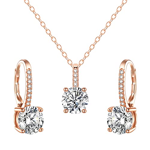 EVER FAITH Cubic Zirconia Schmuck-Set 925 Sterlingsilber funkelnder Rundschliff weißer Geburtsstein hypoallergen Verlobungs Halskette und Ohrring Set Klar Rosegold-Ton von EVER FAITH