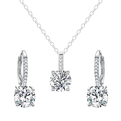 EVER FAITH Cubic Zirconia Schmuck-Set 925 Sterlingsilber funkelnder Rundschliff weißer Geburtsstein hypoallergen Verlobungs Halskette und Ohrring Set Klar Silber-Ton von EVER FAITH