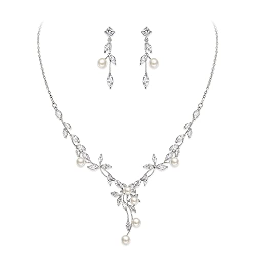 EVER FAITH Cubic Zirconia Schmuckset für Damen Marquise-Creme simulierte Perlen Blumen Rebe Halskette und Ohrringe Set Klar Silber-Ton von EVER FAITH