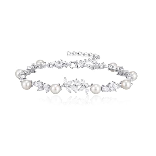 EVER FAITH Cubic Zirkonia Hochzeit Armband Faux Perle Marquise Teardrop Zirconia Armkette Blumen Schmuck für Damen Prom Weiß Silber-Ton von EVER FAITH