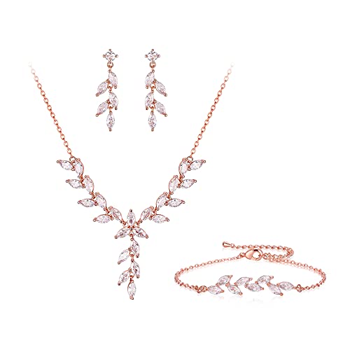 EVER FAITH Cubic Zirkonia Schmuck Set Marquise Blatt Halskette baumeln Ohrringe Armband für Damen Clear 14K Gold-Tone Braut Hochzeit von EVER FAITH