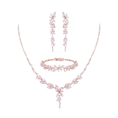 EVER FAITH Cubic Zirkonia Schmuck Set für Braut Brautjungfer, elegante Marquise Blatt Blume Hochzeit Halskette baumeln Ohrringe Armband für Damen Klar Rosegold-Ton von EVER FAITH