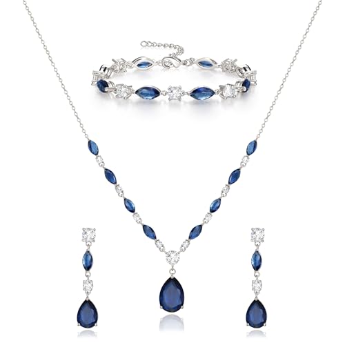 EVER FAITH Cubic Zirkonia Schmuck Set für Braut Brautjungfer, funkelnde elegante Teardrop Anhänger Halskette baumeln Ohrringe Armband Set für Damen Blau Silber-Ton von EVER FAITH