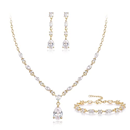 EVER FAITH Cubic Zirkonia Schmuck Set für Braut Brautjungfer, Funkelnde Elegante Teardrop Anhänger Halskette baumeln Ohrringe Armband Set für Damen Klar Gold-Ton von EVER FAITH