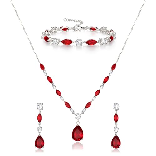 EVER FAITH Cubic Zirkonia Schmuck Set für Braut Brautjungfer, funkelnde elegante Teardrop Anhänger Halskette baumeln Ohrringe Armband Set für Damen Rot Silber-Ton von EVER FAITH