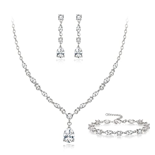 EVER FAITH Cubic Zirkonia Schmuck Set für Braut Brautjungfer, funkelnde elegante Teardrop Anhänger Halskette baumeln Ohrringe Armband Set für Damen klar Silber-Ton von EVER FAITH