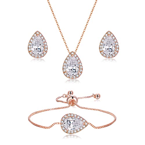 EVER FAITH Cubic Zirkonia Schmuck Set für Braut Hochzeit Teardrop Funkelnde Anhänger Halskette Ohrringe Armband für Damen Party Klar Rosegold-Ton von EVER FAITH