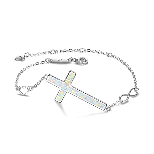 EVER FAITH Damen 925 Sterling Silber Kreuz FAITH Hoffnung Liebe Unendlichkeit Einstellbar Link Armband Kette Weiß Opal Silber-Ton von EVER FAITH