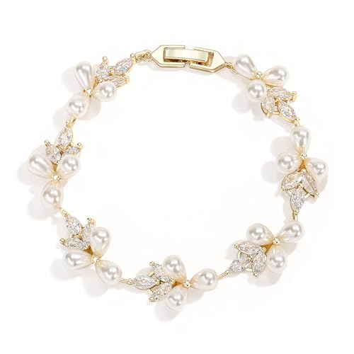 EVER FAITH Damen Armkette CZ Creme Simulierte Perle Blumenblatt Hochzeit Braut Täglich Tennis Armband Klar Gold-Ton EVER FAITH Damen Armkette CZ Creme Simulierte Perle Blumenblatt Hochzeit Braut Täglich Tennis Armband Klar Gold-Ton von EVER FAITH