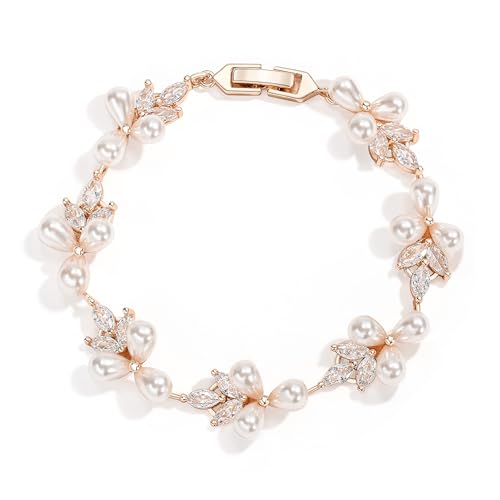 EVER FAITH Damen Armkette CZ Creme Simulierte Perle Blumenblatt Hochzeit Braut Täglich Tennis Armband Klar Silber-Ton EVER FAITH Damen Armkette CZ Creme Simulierte Perle Blumenblatt Hochzeit Braut Täglich Tennis Armband Klar Silber-Ton von EVER FAITH