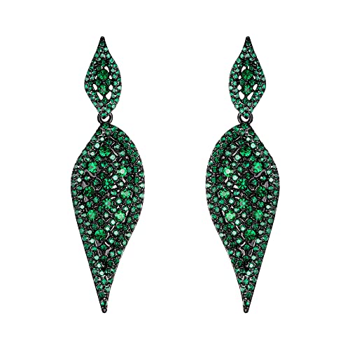 EVER FAITH Damen Blatt Ohrringe mit 2 Blättern rund voller Kristall Art Deco durchbohrt Tropfen Kronleuchter lange Ohrstecker für Party Grün Schwarz-Ton von EVER FAITH