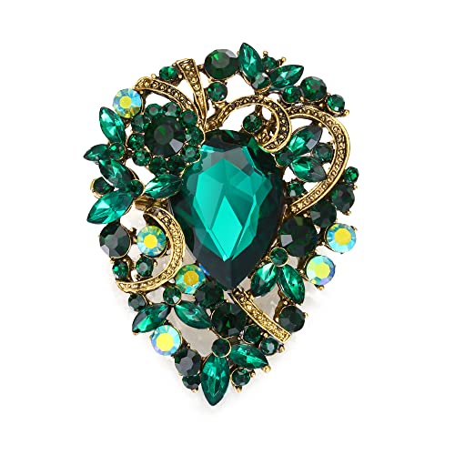EVER FAITH Damen Brosche Tropfen Strass Kristall Clip, Vintage Stil Blume Cluster Pin für Konzert Grün Antik Gold-Tone von EVER FAITH