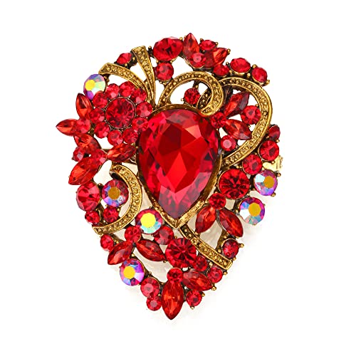 EVER FAITH Damen Brosche Tropfen Strass Kristall Clip, Vintage Stil Blume Cluster Pin für Konzert Rot Antik Gold-Tone von EVER FAITH