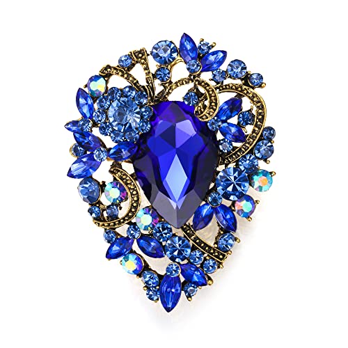 EVER FAITH Damen Brosche Tropfen Strass Kristall Clip, Vintage Stil Blume Cluster Pin für Konzert Blau Antik Gold-Tone von EVER FAITH
