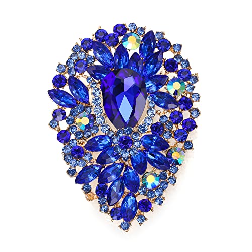 EVER FAITH Damen-Brosche oval Kristall Vintage-Stil Blumen-Cluster Pin für Bankette Blau Gold-Tone von EVER FAITH