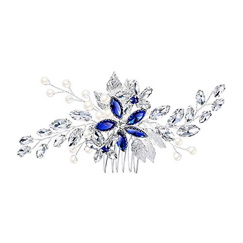 EVER FAITH Damen Haarkamm Kristall Simulierte Perle Hochzeit Braut Filigrane DIY Blume Blatt Haar Schmuck Blau Silber-Ton von EVER FAITH