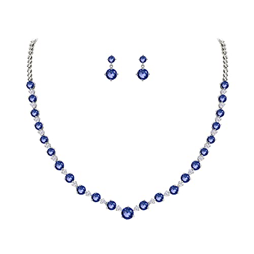 EVER FAITH Zirkonia Schmuckset für Damen Elegant Party Daily Outfit Hochzeit Braut runde Schliff Blau Cubic Zirconia Halskette und Ohrringe Set Silber-Ton von EVER FAITH