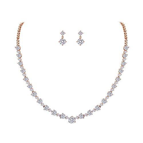 EVER FAITH Zirkonia Schmuckset für Damen Party Daily Outfit Hochzeit Braut runde Schliff Cubic Zirconia Klar Rosegold-Ton Braut Halskette und Ohrringe Set von EVER FAITH