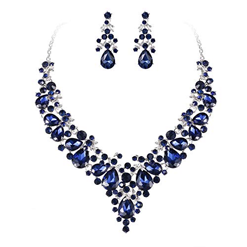 EVER FAITH Damen Kristall Braut Bankett Floral Leaf Teardrop Halskette Ohrringe Set Blau Schwarz-Ton von EVER FAITH