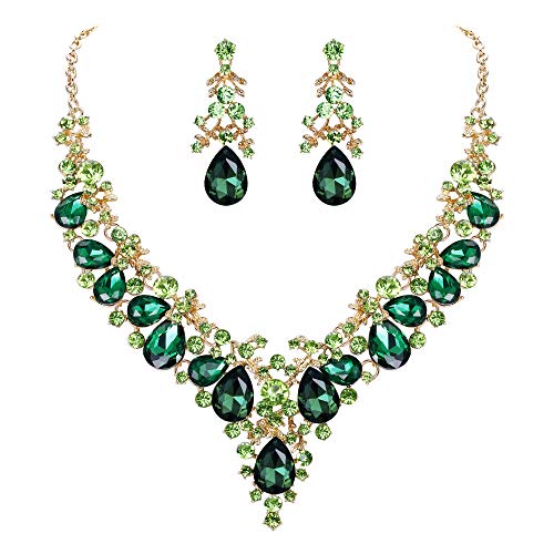 EVER FAITH Damen Kristall Braut Bankett Floral Leaf Teardrop Halskette Ohrringe Set grün Gold-Ton von EVER FAITH